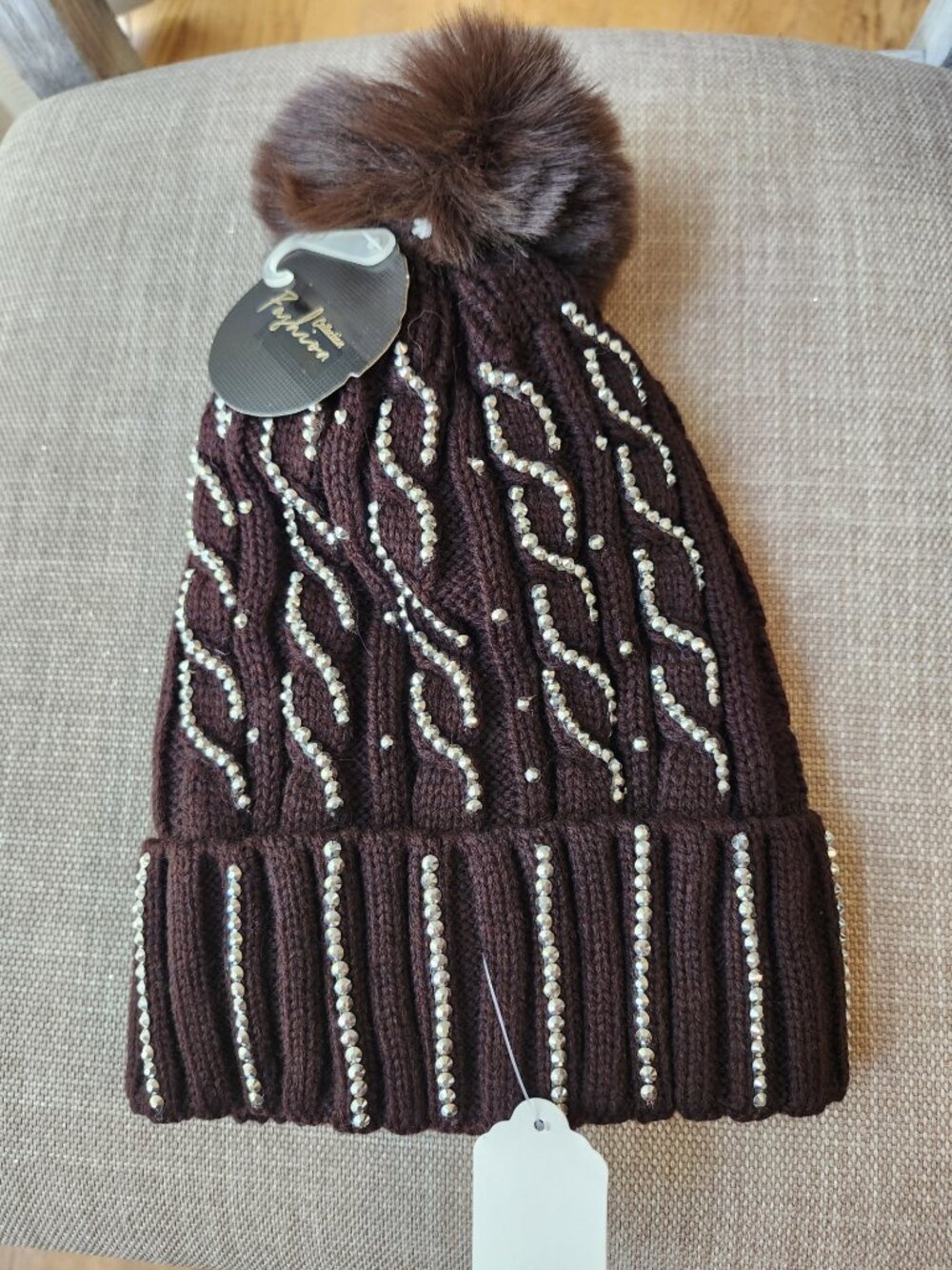 Hat Knit Cable Bling Rhnestones Chunky Beanie - Brown